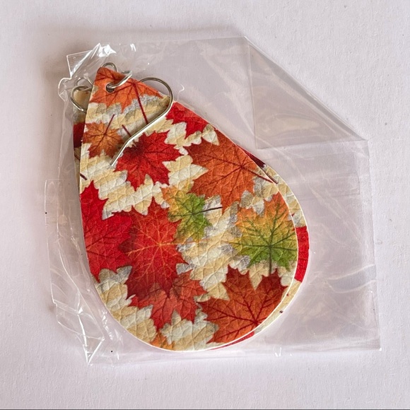 Fall/Autumn festive leaves faux leather tear drop earrings - Picture 2 of 3